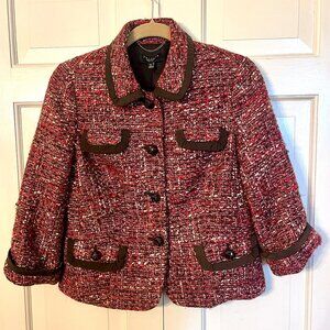 Talbots Red Wool Blend Tweed Boucle Jacket Blazer Leather Buttons Sz 8 Petite
